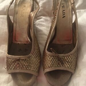 Vtg 90s Prada gold python wedge open toe sandal